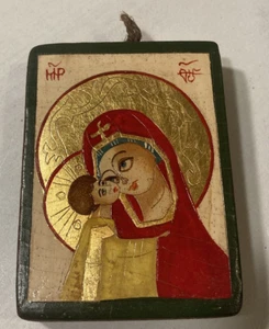 Antiguo icono de madera pintado a mano de la Virgen María y Jesús - Imagen 1 de 7
