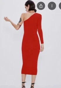 zara dress M Midi Red Stretch One Arm Long Sleeve Stretchy Body-com Style NWOT - Imagen 1 de 11