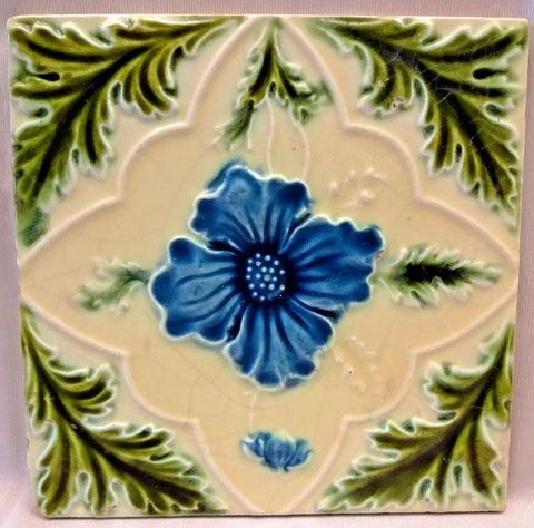 Antique English Tile Majolica Flower Motif Design Ceramic Architecture Rare "159 Cover