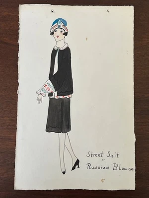 Vintage Antique  Original Fashion Illustration Russian Blouse 1920s Watercolor - Image 1 of 4