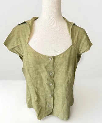 Lafayette 148 Size 12 Sage Green Linen Button Front Top Collared Cap Sleeve Prep - Image 1 of 4