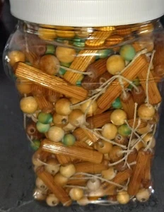  Wooden Beads round and log shaped light and darker brown some green preowned - Picture 1 of 7