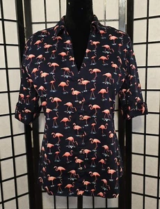 7th Avenue Design Studio Women’s XL Button-Up Top Flamingo Print 3/4 Sleeve Blou - Picture 1 of 8