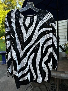 Vintage Cedars Sequins ZEBRA PATTERN BLACK & WHITE TOP SIZE LARGE - Picture 1 of 14