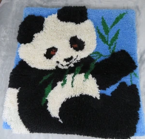 Vtg PANDA Latch Hook Rug  Completed Wall Hanging Boho Retro 32x32 - Picture 1 of 7