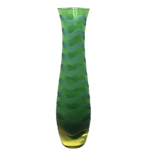 MCM green blue amber etched chiseled vase hand blown designer art glass - Picture 1 of 5