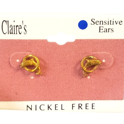 Claire's Small Gold Dolphins Jumping Through Hoops Earrings Sensitive Ears - Image 1 of 2