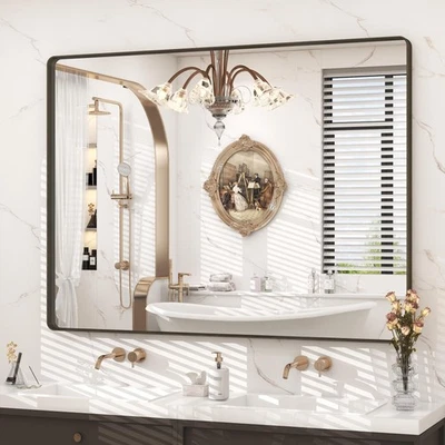 Espelho de banheiro com moldura de bronze 48x36, retangular bronze escovado metal vaidade Mi... - Imagem 1 de 4