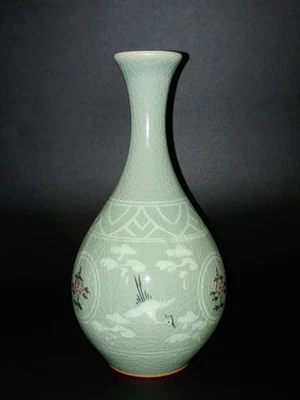 Jarrón Yuhuchun 高丽釉里红镶嵌青瓷云鹤纹玉壶春瓶 Coreano Celadón Rojo Con Incrustaciones Grúa Flores Foto 1 de 4