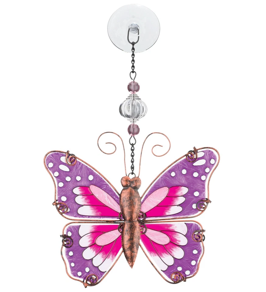Atrapasol de vidrio pintado a mano mariposa rosa NUEVO arte púrpura ventana jardín porche Foto 1 de 1