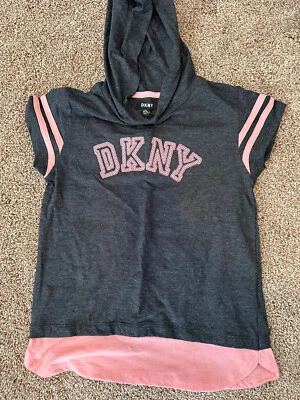 DKNY NWT Girls Tee Top Short Sleeve T-Shirt Logo Hoodie Grey/Pink S XL 14-16 - Image 1 of 4