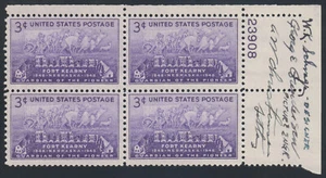 US Stamps Scott #970 Fort Kearny Plate Block with 3 Signatures LH - Picture 1 of 2