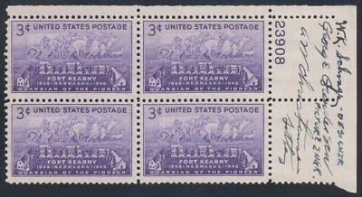 US Stamps Scott #970 Fort Kearny Plate Block with 3 Signatures LH - Image 1 of 2