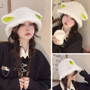 Cute Women LambWool Bucket Hat Winter Sheep Ear Plush PanamaCaps For Girls Wp