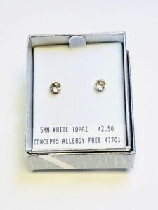 Concepts Non-Allergic 24K GP Surgical Stainless Steel 5mm WHITE TOPAZ Earrings