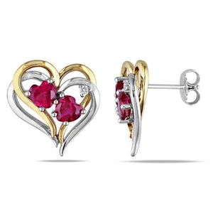 Amour Yellow Plated Sterling Silver Created Ruby Diamond Heart Earrings - Picture 1 of 4