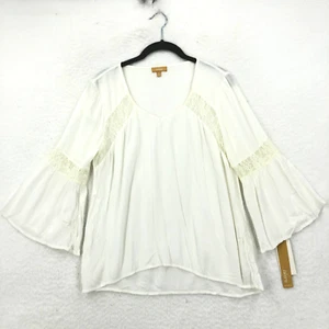Takara Womens M White Lace Crinkle Blouse Pullover Scoop Neck 3/4 Bell Sleeve - Picture 1 of 7