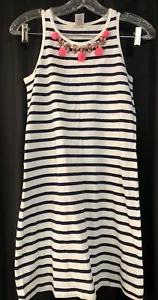 Crewcuts J Crew Mädchen marineblau weiß gestreiftes Kleid mit Strass rosa Bommeln Größe 12 - Bild 1 von 7
