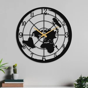 Flat Earth Metal Wall Clock, World Map, Globe Office Wall Art, Azimuthal Decor - Picture 1 of 11