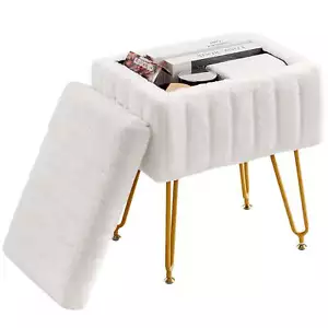 Vanity Stool Chair with Storage Space, With Anti-Slip Feet, Faux Fur Seat - Picture 1 of 5