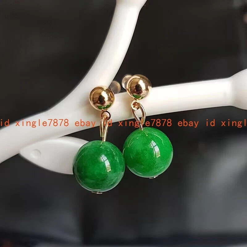 Pendientes colgantes con cuentas redondas de piedras preciosas de jadeíta verde natural de 10 mm Foto 1 de 1