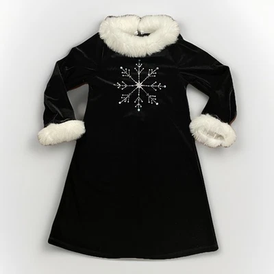 EUC Bonnie Jean Black Velvet Party Dress 6X Beaded Snowflake White Faux Fur Trim - Image 1 of 4