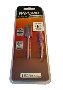 Rayovac Fusion Micro USB Cable 10ft  Charger Cord Purple Lavender New In Pkg - Picture 1 of 8