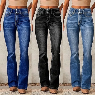 Skinny Flared Jeans With Pockets Fashion Button Zipper Trousers Women's Slim Den - Image 1 of 4