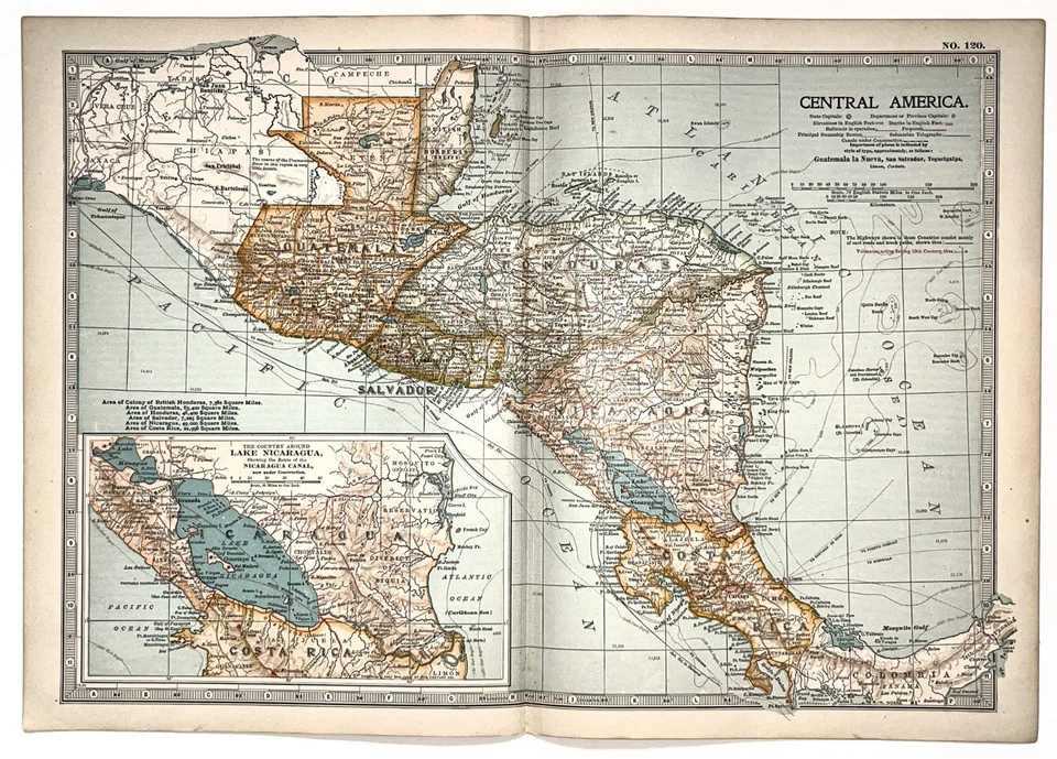 Centroamérica - Mapa Plegable Antiguo Original Enciclopedia Británica c 1900 Foto 1 de 1