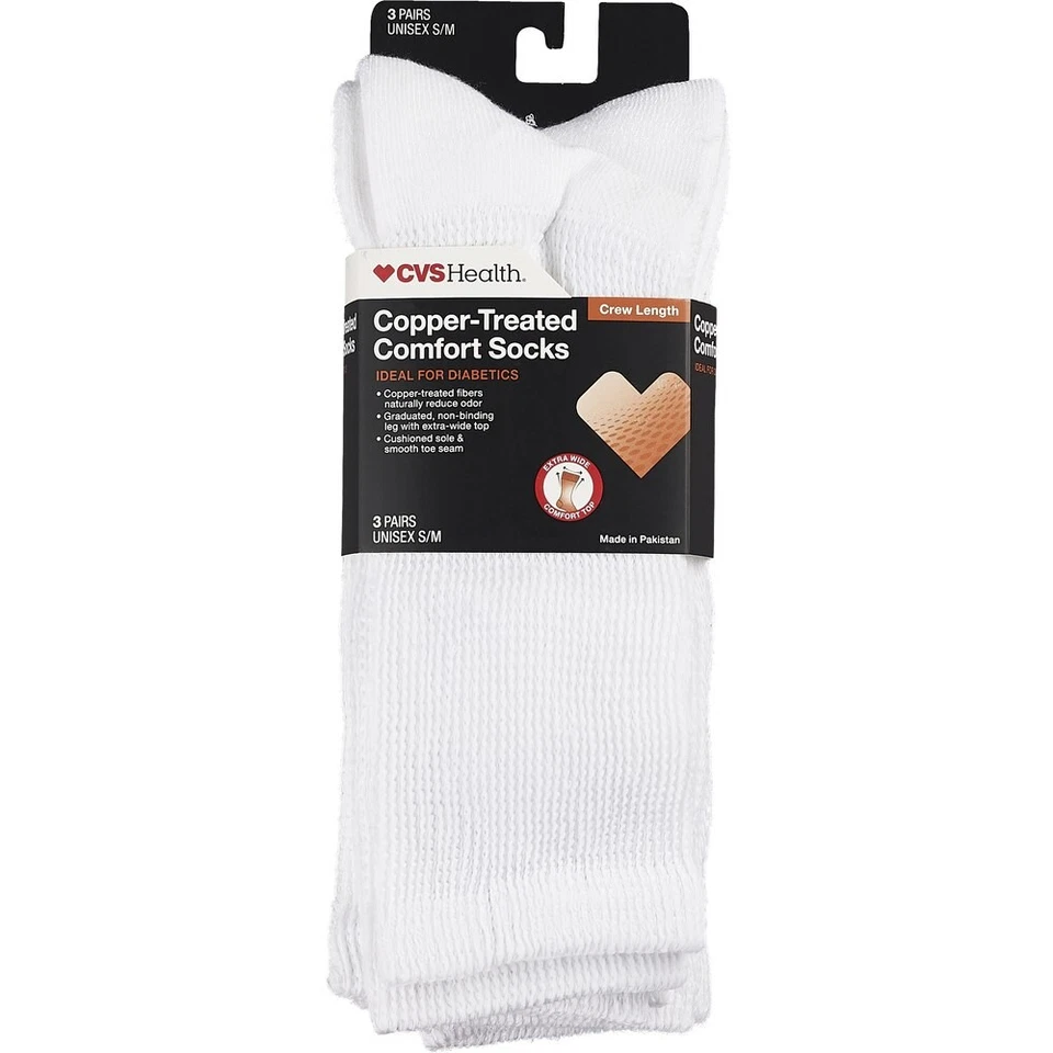 Paquete de 3 calcetines blancos CVS tratados con cobre cómodos unisex nuevos con etiquetas talla S/M Foto 1 de 4