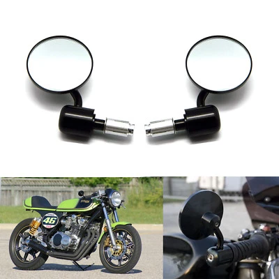 Black Motorcycle Handle Bar End Mirrors Round 7/8" For Cafe Racer Bobber Cruiser - Image 1 of 4