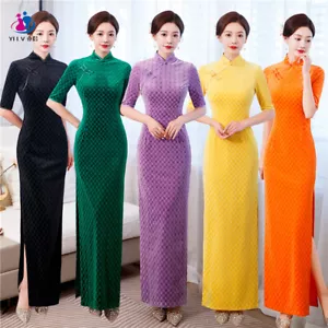 Lady Maxi Slit Dress Cheongsam Qipao Velvet Check Fitted Half Sleeve Chinese - Picture 1 of 18