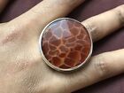 Sterling Silver Large Round Orange Leopard Agate Ring Size 8