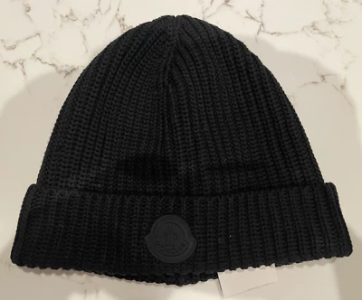 NWT $360 Men's MONCLER Cotton Ribbed Beanie Hat Silicon Embossed Logo Black - Image 1 of 4