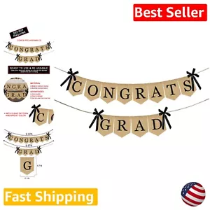 Elegant Burlap Graduation Banner with Black Ribbons - Rustic Vintage Decor - Picture 1 of 8
