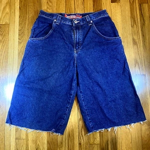 Pantaloncini jeans vintage JNCO taglia 34 pantaloncini taglio spille fiammeggianti anni 90 Y2K rari - Foto 1 di 8