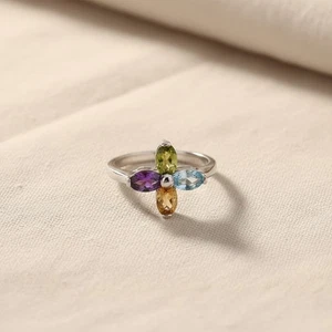 925 Silver Multi Stone Flower Ring Citrine  Peridot Amethyst Blue Topaz Jewelry - Picture 1 of 11