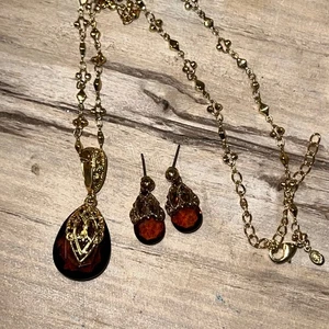 Premier Designs Brown Crystal Filigree Pendant Necklace & Earrings Set - Picture 1 of 7