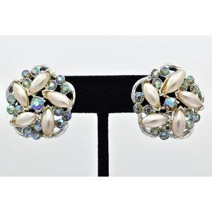 BSK Vintage Flower Clip On Earrings AB Crystal Pearl Chunky Signed 1960s BinBF - Picture 1 of 12