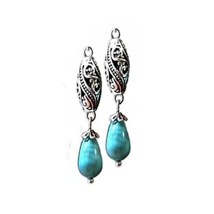 Earrings Turquoise and lacey filigree drop dangle, choose Clip on Pierced - Picture 1 of 4