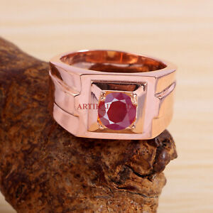 Heated Ruby Gemstone with Rose Gold Plated 925 Sterling Silver Men's Ring #5756