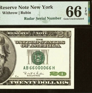 1996 $20 Federal Reserve Note PMG 66EPQ gem fancy radar serial number 66000066 - Picture 1 of 3