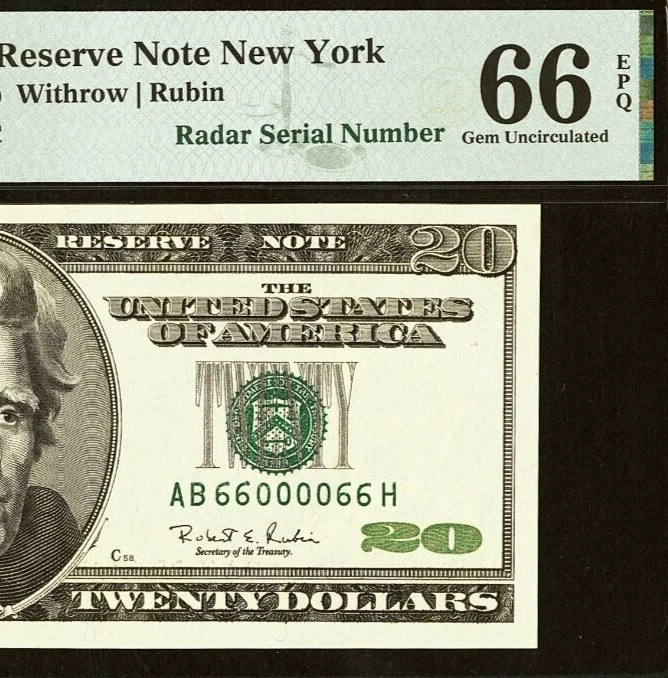 1996 $20 Federal Reserve Note PMG 66EPQ gem fancy radar serial number 66000066 - Image 1 of 3