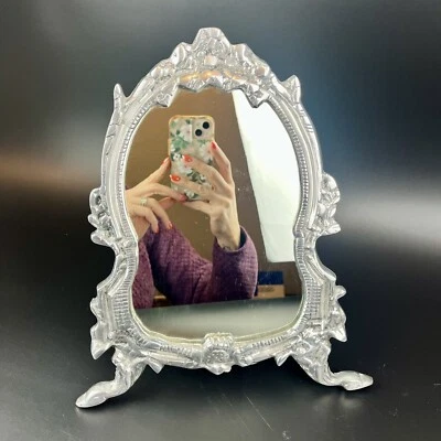 Vtg Ornate Silver Metal Vanity Mirror Table Top Wood Easel Victorian Style 13" - Image 1 of 4