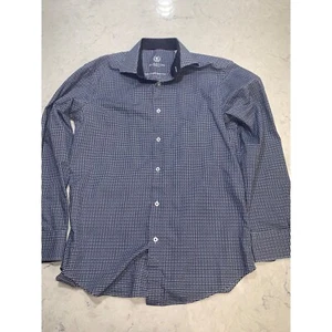 Bugatchi Uomo Men Button Up Flip Cuff Dress Shirt Blue White Plaid 16 34/35 - Picture 1 of 4