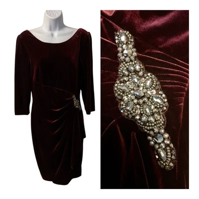 ALEX EVENINGS 10 Velvet Beaded Merlot Drape Cocktail Classy Stretch Dress *Mint* - Image 1 of 4