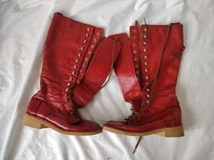 Vintage Olof Daughters Long Lace Up Red Leather Boots Italian READ DESCRIPTION - Picture 1 of 18