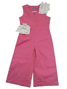 MOQUE Girl Sz 4 Pink Pants Jumpsuit White Bow Accent Zip Front Sleeveless Outfit - Picture 1 of 8