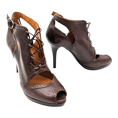 RALPH LAUREN PURPLE LABEL - JESLYN Vintage Brown Calf Leather Lace-Up Pumps US 7 - Image 1 of 4