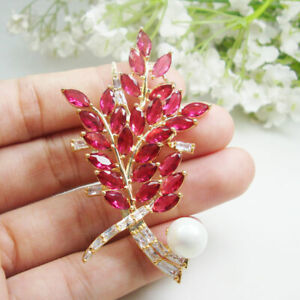 Gorgeous Red Flower Bouquet Pendant Woman's Cloak Brooch Pin Zircon Crystal 